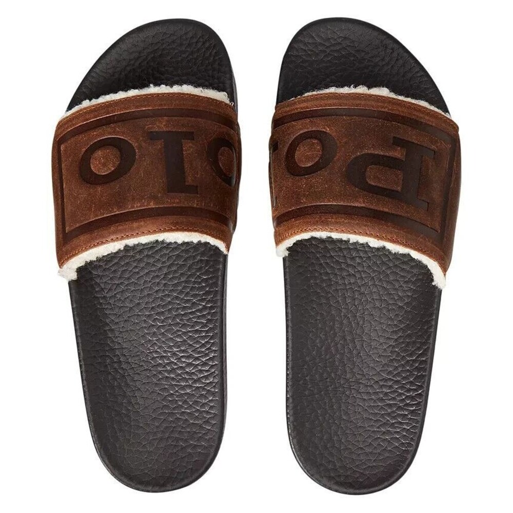 NWOB POLO RALPH LAUREN MEN'S SANDALS Suede Sherpa Lined Logo Slide SNUFF CAYSON - Picture 3 of 10